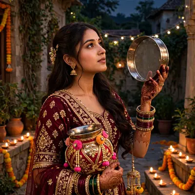 Create an ultra-realistic cinematic photograph of a young woman in a maroon bridal suit holding a decorated karwa and sieve, gazing at the rising moon