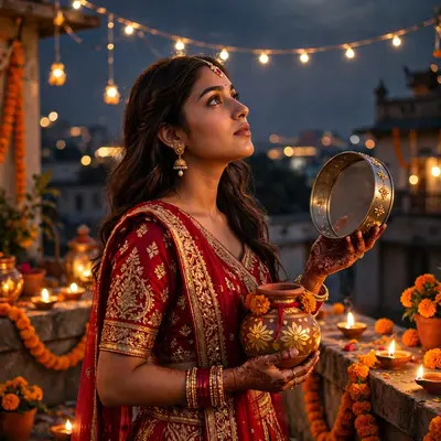 Create an ultra-realistic cinematic photograph of a young woman in a crimson lehenga holding a decorated karwa and sieve, gazing at the rising moon fr