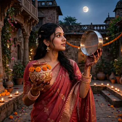 Create an ultra-realistic cinematic photograph of a young woman in a rose-red saree holding a decorated karwa and sieve, gazing at the rising moon fro