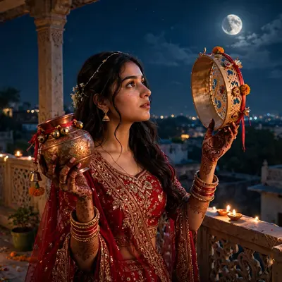 Create an ultra-realistic cinematic photograph of a young woman in a red bridal lehenga holding a decorated karwa and sieve, gazing at the rising moon