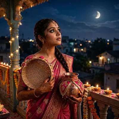 Create an ultra-realistic cinematic photograph of a young woman in a deep pink saree holding a decorated karwa and sieve, gazing at the rising moon fr