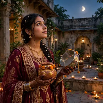Create an ultra-realistic cinematic photograph of a young woman in a maroon bridal suit holding a decorated karwa and sieve, gazing at the rising moon
