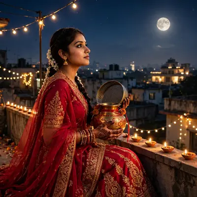 Create an ultra-realistic cinematic photograph of a young woman in a crimson lehenga holding a decorated karwa and sieve, gazing at the rising moon fr