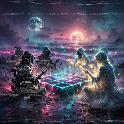 Hooded figures of static and light performing a ritual around a glowing grid altar on a neon beach, vaporwave dark surrealism, VHS grain, mysterious