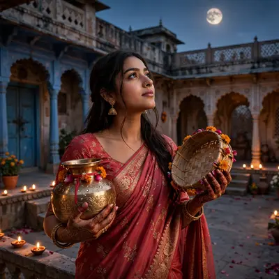 Create an ultra-realistic cinematic photograph of a young woman in a rose-red saree holding a decorated karwa and sieve, gazing at the rising moon fro
