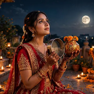 Create an ultra-realistic cinematic photograph of a young woman in a red bridal lehenga holding a decorated karwa and sieve, gazing at the rising moon