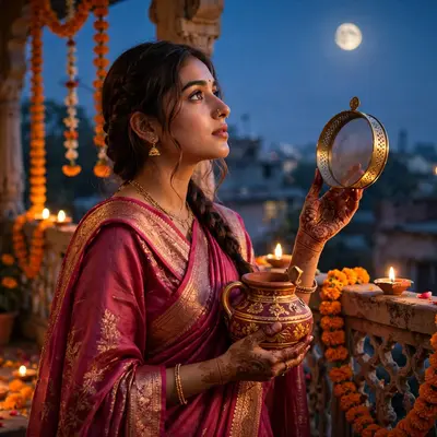 Create an ultra-realistic cinematic photograph of a young woman in a deep pink saree holding a decorated karwa and sieve, gazing at the rising moon fr