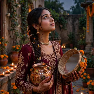 Create an ultra-realistic cinematic photograph of a young woman in a maroon bridal suit holding a decorated karwa and sieve, gazing at the rising moon