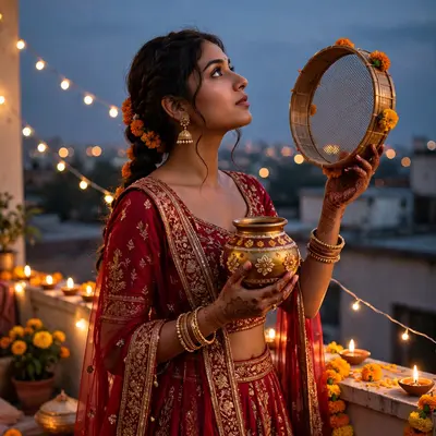 Create an ultra-realistic cinematic photograph of a young woman in a crimson lehenga holding a decorated karwa and sieve, gazing at the rising moon fr