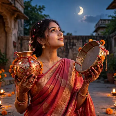 Create an ultra-realistic cinematic photograph of a young woman in a rose-red saree holding a decorated karwa and sieve, gazing at the rising moon fro