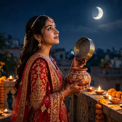 Create an ultra-realistic cinematic photograph of a young woman in a red bridal lehenga holding a decorated karwa and sieve, gazing at the rising moon