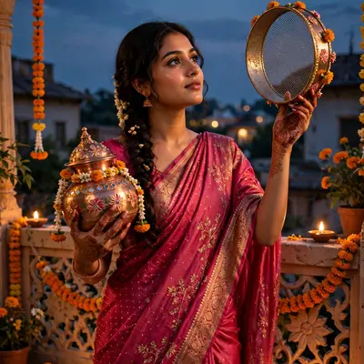 Create an ultra-realistic cinematic photograph of a young woman in a deep pink saree holding a decorated karwa and sieve, gazing at the rising moon fr