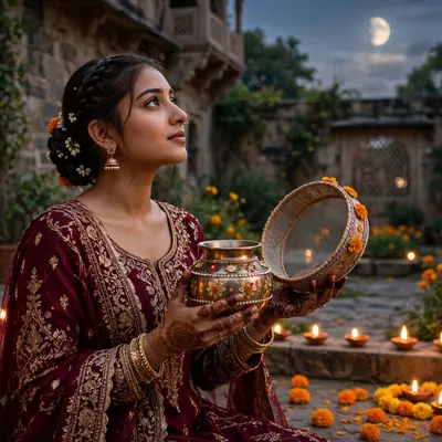 Create an ultra-realistic cinematic photograph of a young woman in a maroon bridal suit holding a decorated karwa and sieve, gazing at the rising moon