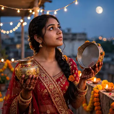 Create an ultra-realistic cinematic photograph of a young woman in a crimson lehenga holding a decorated karwa and sieve, gazing at the rising moon fr