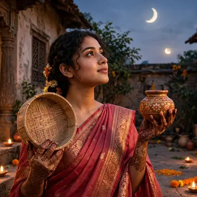 Create an ultra-realistic cinematic photograph of a young woman in a rose-red saree holding a decorated karwa and sieve, gazing at the rising moon fro