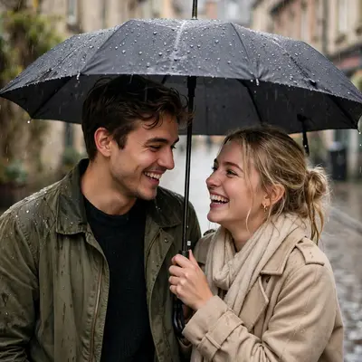 Create an ultra-realistic cinematic photograph of a young couple sharing an umbrella in light rain on a cobbled old-city street, laughing softly. Styl