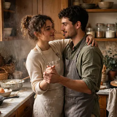 Create an ultra-realistic cinematic photograph of a young couple dancing slowly in a warm kitchen while cooking together, flour dust in the air. Style