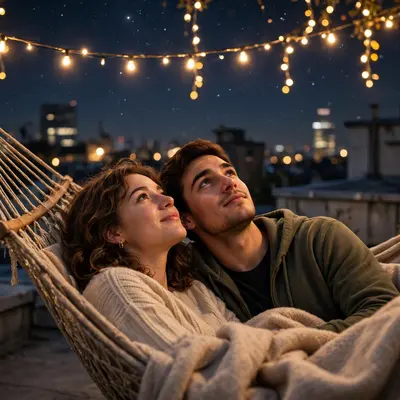 Create an ultra-realistic cinematic photograph of a young couple stargazing from a rooftop hammock, fairy lights above them. Style: professional photo