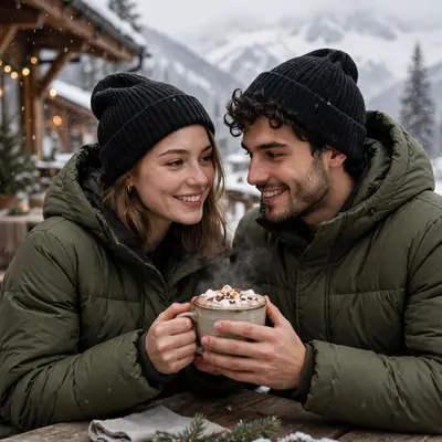 Create an ultra-realistic cinematic photograph of a young couple in matching winter coats sharing hot chocolate at a snowy mountain cafe. Style: profe