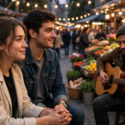 Create an ultra-realistic cinematic photograph of a young couple watching a street musician in a lively evening market, holding hands. Style: professi