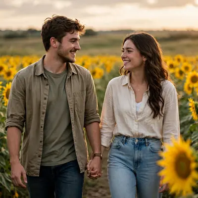 Create an ultra-realistic cinematic photograph of a young couple walking hand in hand through a sunflower field, soft evening light, both smiling at e