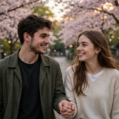 Create an ultra-realistic cinematic photograph of a young couple walking hand in hand through a cherry blossom lane, soft evening light, both smiling