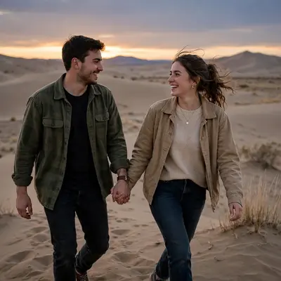 Create an ultra-realistic cinematic photograph of a young couple walking hand in hand through a desert dune at dusk, soft evening light, both smiling