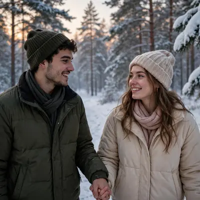 Create an ultra-realistic cinematic photograph of a young couple walking hand in hand through a snow-covered pine forest, soft evening light, both smi