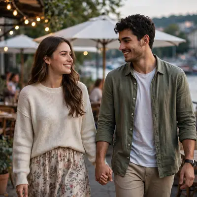 Create an ultra-realistic cinematic photograph of a young couple walking hand in hand through a riverside cafe, soft evening light, both smiling at ea