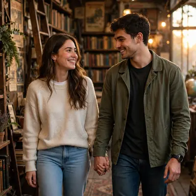 Create an ultra-realistic cinematic photograph of a young couple walking hand in hand through a vintage bookshop, soft evening light, both smiling at