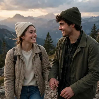 Create an ultra-realistic cinematic photograph of a young couple walking hand in hand through a mountain viewpoint, soft evening light, both smiling a