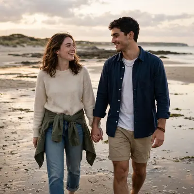 Create an ultra-realistic cinematic photograph of a young couple walking hand in hand through a beach at low tide, soft evening light, both smiling at
