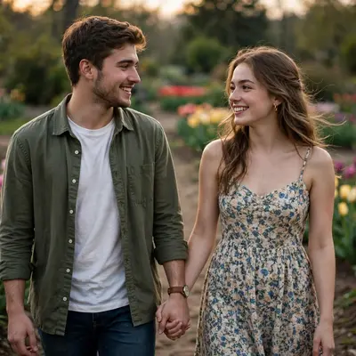 Create an ultra-realistic cinematic photograph of a young couple walking hand in hand through a tulip garden, soft evening light, both smiling at each