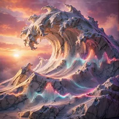 Ocean waves carved from white marble crashing under a neon sunset, sound-wave lines rippling through the stone, vaporwave sculpture render, VHS