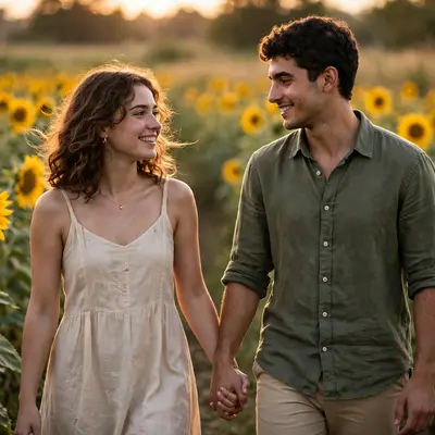 Create an ultra-realistic cinematic photograph of a young couple walking hand in hand through a sunflower field, soft evening light, both smiling at e