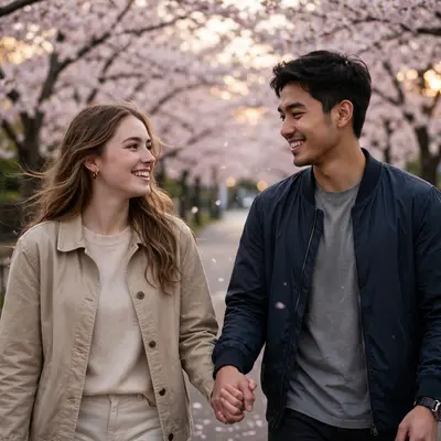 Create an ultra-realistic cinematic photograph of a young couple walking hand in hand through a cherry blossom lane, soft evening light, both smiling
