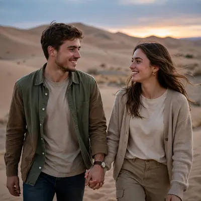 Create an ultra-realistic cinematic photograph of a young couple walking hand in hand through a desert dune at dusk, soft evening light, both smiling
