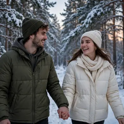 Create an ultra-realistic cinematic photograph of a young couple walking hand in hand through a snow-covered pine forest, soft evening light, both smi