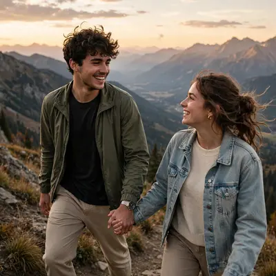 Create an ultra-realistic cinematic photograph of a young couple walking hand in hand through a mountain viewpoint, soft evening light, both smiling a