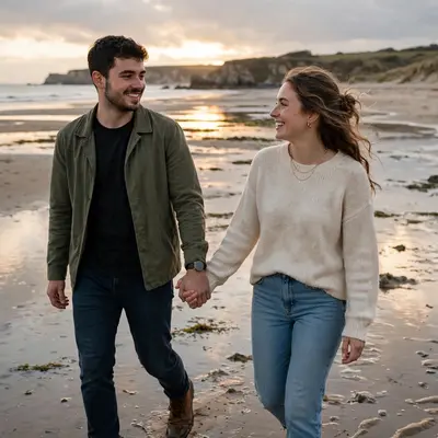 Create an ultra-realistic cinematic photograph of a young couple walking hand in hand through a beach at low tide, soft evening light, both smiling at