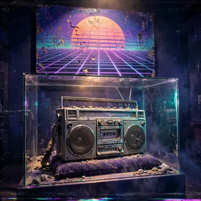 A dusty museum display of a 1980s boombox treated like an ancient artifact, spotlighted under a painted grid-sunset mural, vaporwave concept art, VHS