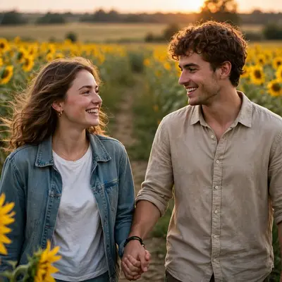 Create an ultra-realistic cinematic photograph of a young couple walking hand in hand through a sunflower field, soft evening light, both smiling at e