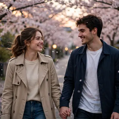 Create an ultra-realistic cinematic photograph of a young couple walking hand in hand through a cherry blossom lane, soft evening light, both smiling