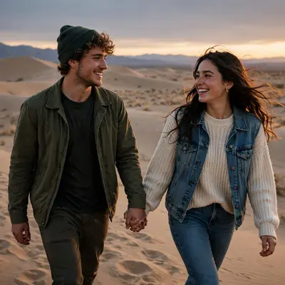 Create an ultra-realistic cinematic photograph of a young couple walking hand in hand through a desert dune at dusk, soft evening light, both smiling