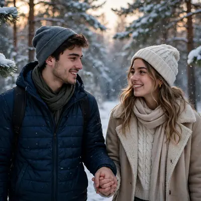 Create an ultra-realistic cinematic photograph of a young couple walking hand in hand through a snow-covered pine forest, soft evening light, both smi