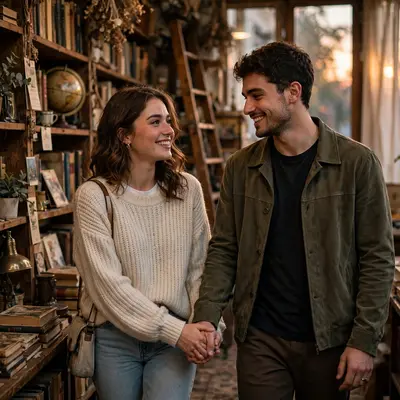 Create an ultra-realistic cinematic photograph of a young couple walking hand in hand through a vintage bookshop, soft evening light, both smiling at