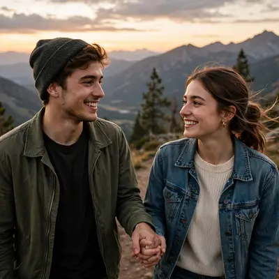 Create an ultra-realistic cinematic photograph of a young couple walking hand in hand through a mountain viewpoint, soft evening light, both smiling a