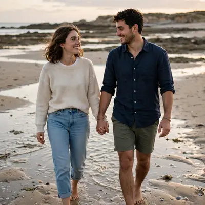 Create an ultra-realistic cinematic photograph of a young couple walking hand in hand through a beach at low tide, soft evening light, both smiling at