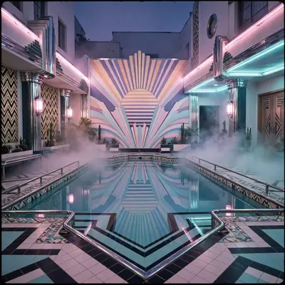 An art-deco hotel courtyard glowing neon at dusk, geometric pool reflecting a striped sun mural, vaporwave architectural photography, VHS grain