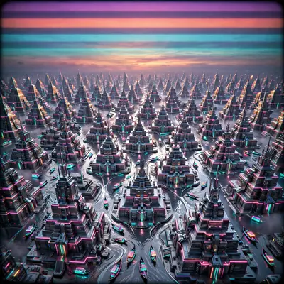 A vast empire of chrome ziggurats under a triple-striped sunset, tiny neon gondolas on mercury canals, vaporwave epic 3D, VHS grain, imperial